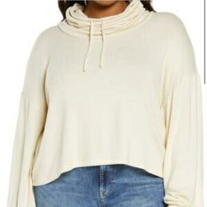 BP Hacci Knit Lightweight Brushed Fleece Cowl Neck Pullover Cream Womens Sz 1X